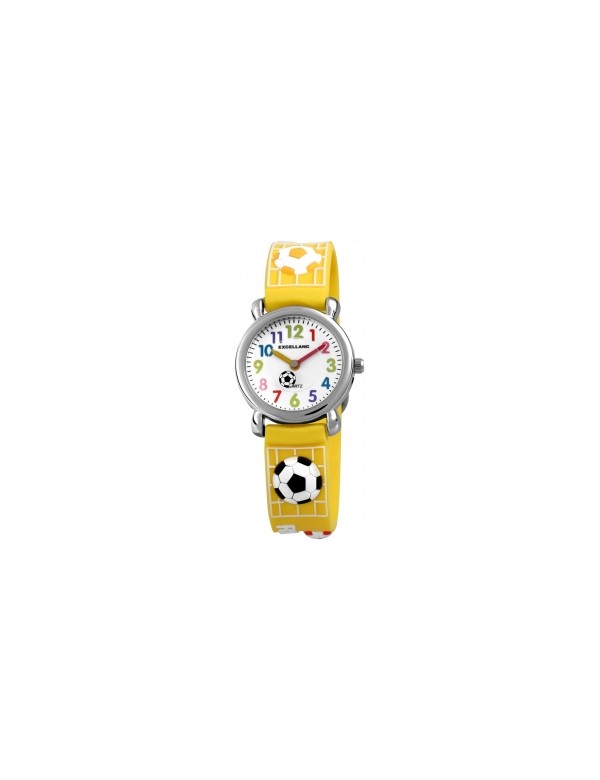 Montre analogique pour enfants, motif Football et bracelet en silicone jaune
