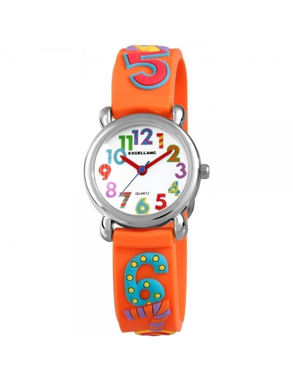 Montre analogique pour enfants, grands chiffres colorés, bracelet en silicone orange