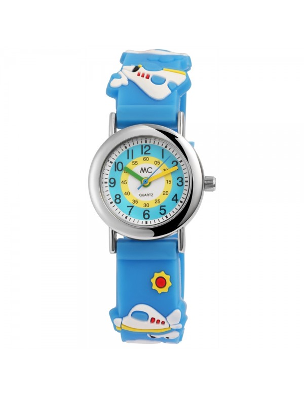 Montre analogique pour enfants, motif avions et bracelet en silicone bleu