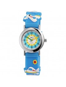 Montre analogique pour enfants, motif avions et bracelet en silicone bleu