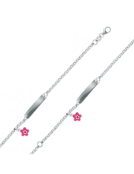 Identität Armband Rhodium Silber mit einem pinkfarbene Blume geschmückt