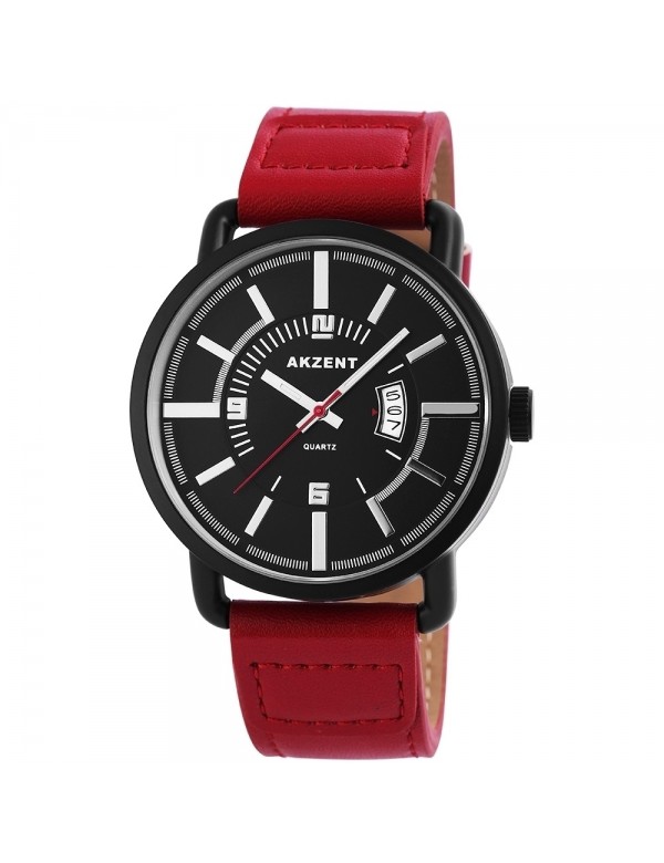 Reloj Akzent para hombre con correa de piel imitación rojo oscuro.