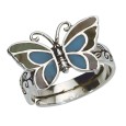 Blue butterfly ring with mother-of-pearl in antique silver - 52 à 56