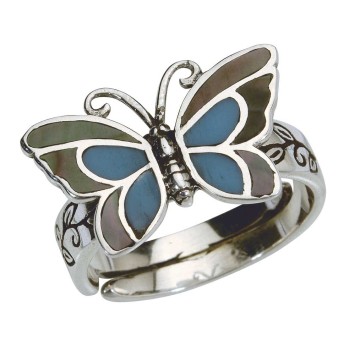 Blue butterfly ring with mother-of-pearl in antique sterling silver - Size 58 to 62 3111233GM Laval 1878 16,50 €