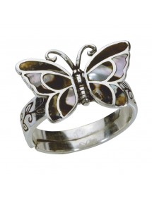 Brown butterfly ring with mother-of-pearl in antique sterling silver - Size 58 to 62