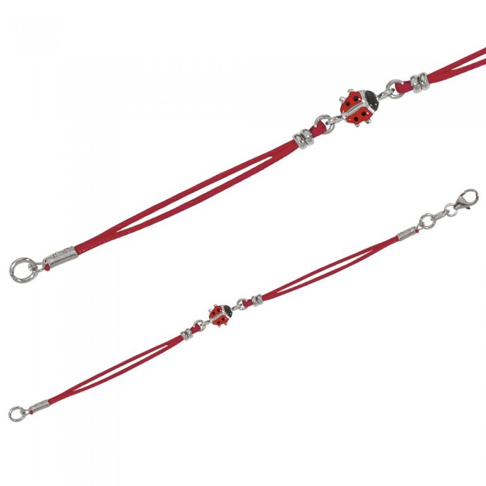 Bracelet cordon avec coccinelle rouge en argent rhodié