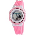 Reloj deportivo para mujer con correa de silicona rosa y gris.