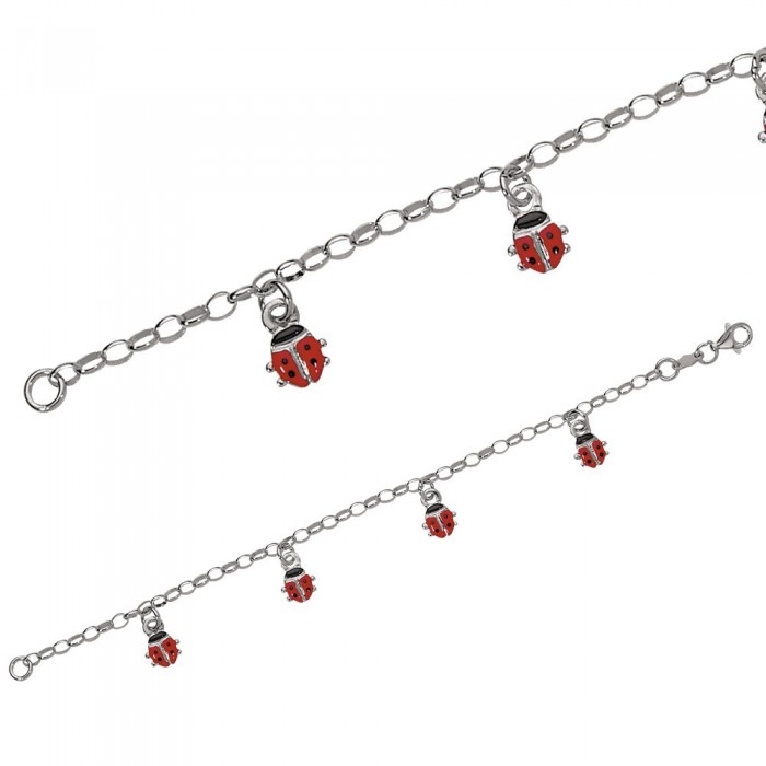 Bracelet decorated with red ladybugs in rhodium silver