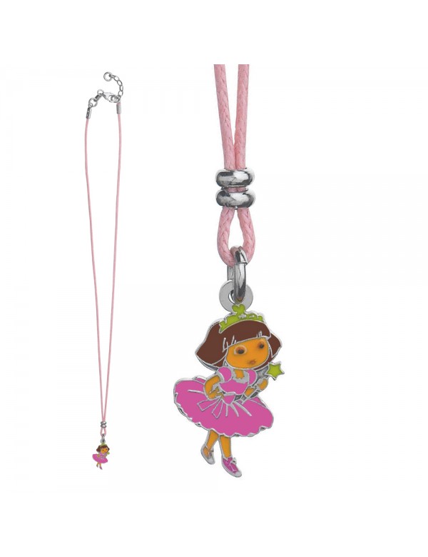 DORA PRINCESSE light pink cotton necklace in rhodium silver and enamel