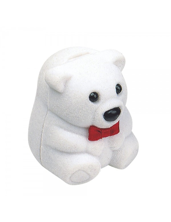 teddy bear jewelry box with red bow in white velvet