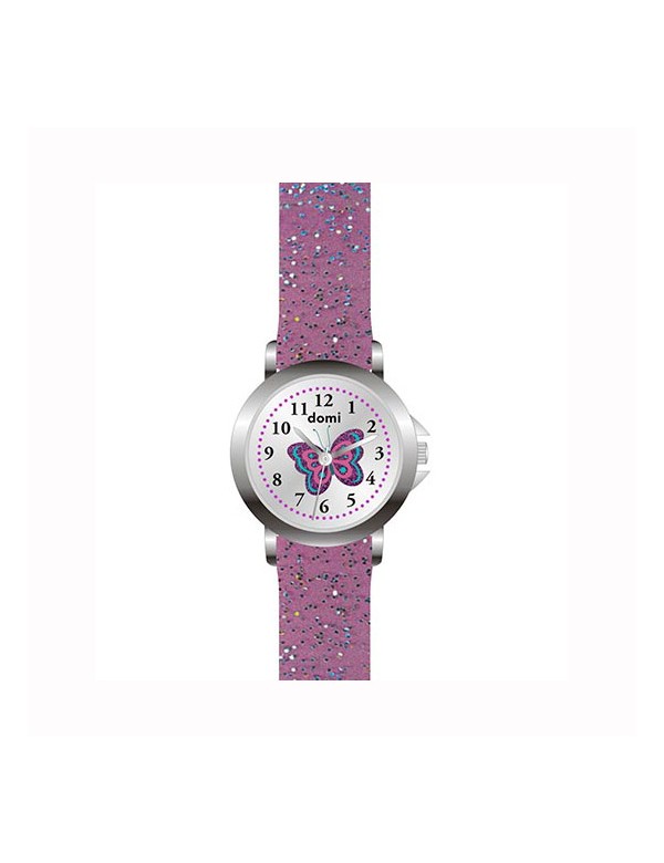 Reloj Domi para niña, con mariposa y correa de plástico púrpura brillante