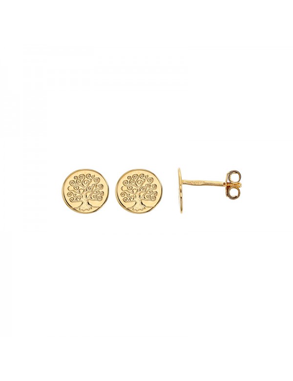 Runde Chip-Ohrringe, verziert mit einem eingravierten Baum des Lebens in Gold