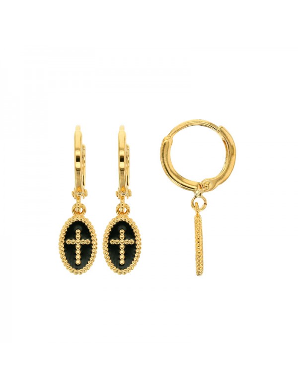 Gold-plated hoop earrings with black enamel cross beaded oval pendant