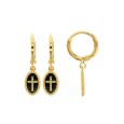 Gold-plated hoop earrings with black enamel cross beaded oval pendant