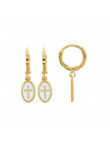 White enamel cross oval gold plated earrings