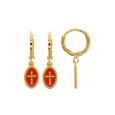 Red enamel cross oval gold plated earrings