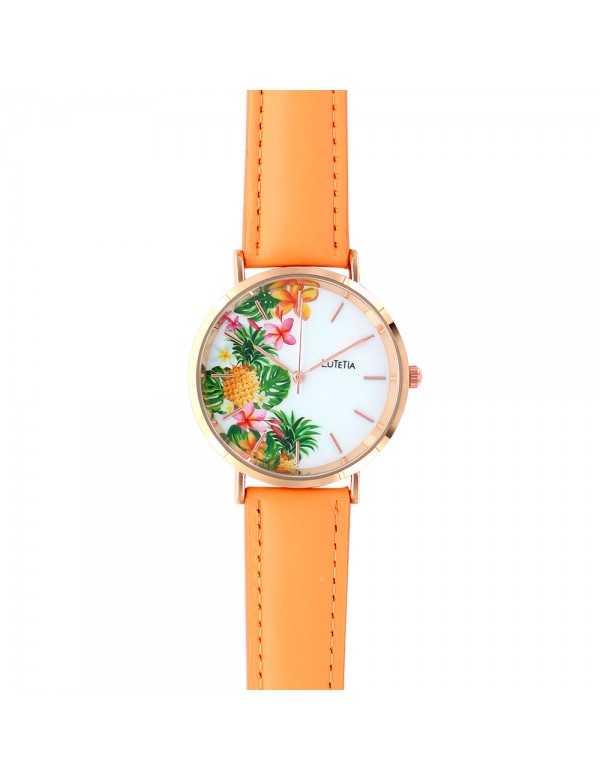 Montre Lutetia cadran motif ananas et bracelet synthétique couleur corail