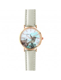 Lutetia watch with bird motif dial and synthetic silver strap