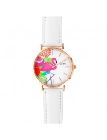 Reloj flamenco rosa Lutetia, pulsera sintética blanca.