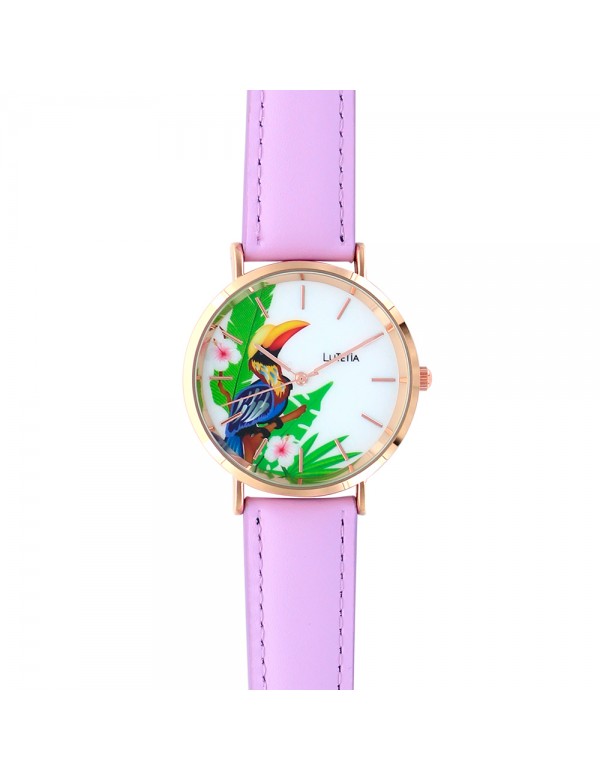 Lutetia watch with toucan pattern dial and purple synthetic strap