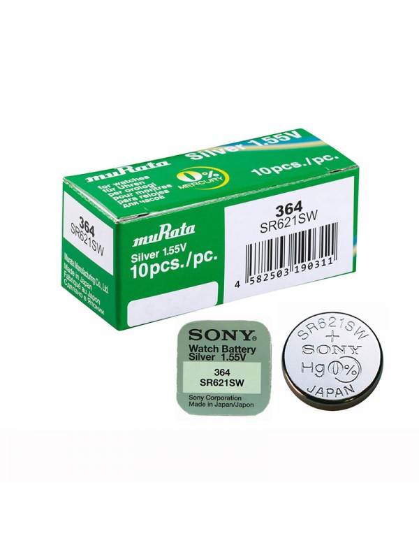 1 box of 10 Sony SR621SW 364 button batteries without mercury