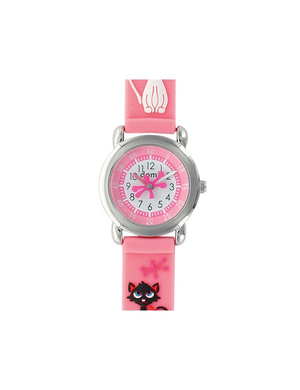 Reloj infantil "Cats" con caja de metal y correa de silicona rosa