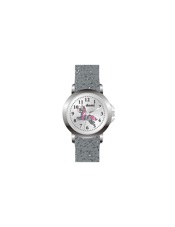 Reloj para niña, caja de metal, esfera con unicornio y correa de plástico gris brillante