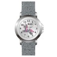 Girls' watch, metal case, dial with unicorn and glittery gray plastic strap