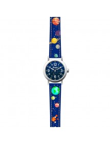 Montre enfant "Planètes" boîtier métal et bracelet synthétique bleu foncé