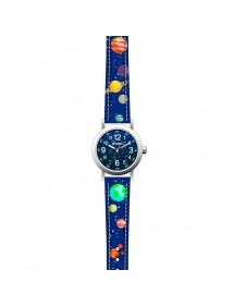 Montre enfant "Planètes" boîtier métal et bracelet synthétique bleu foncé