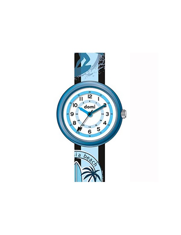 Reloj para niños surf-beach, caja de metal y correa de plástico azul