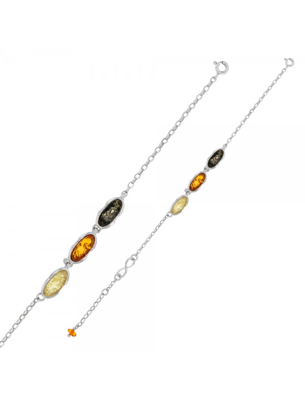 Infinity bracelet adorned with 3 oval amber stones with rhodium silver frame