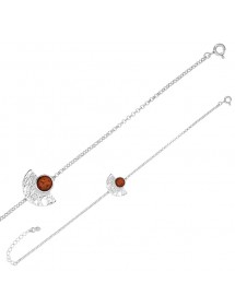 Bracelet demi-rond strié pierre ronde ambre et argent rhodié