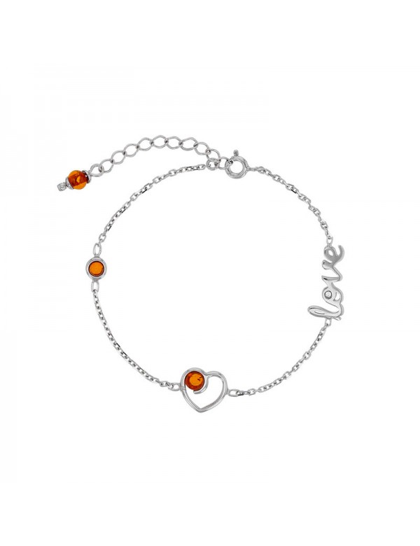 Love heart bracelet with cognac amber stones and rhodium silver