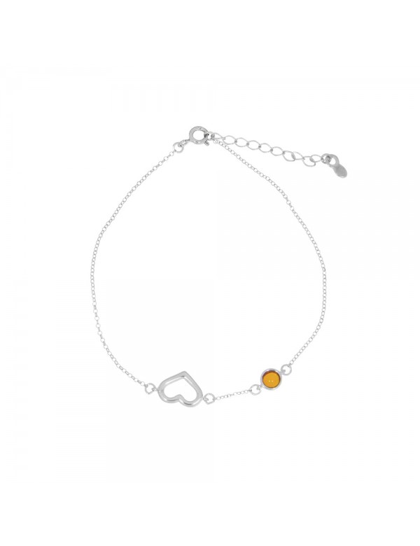 Bracelet fin avec boule ambre couleur miel et cœur ajouré en argent rhodié