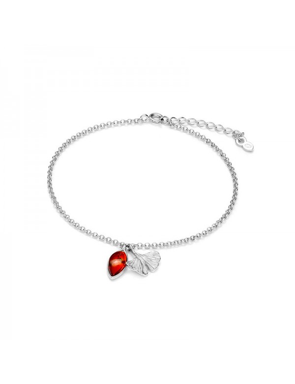 Rhodium-plated silver bracelet with amber and Ginkgo leaf amber pendants