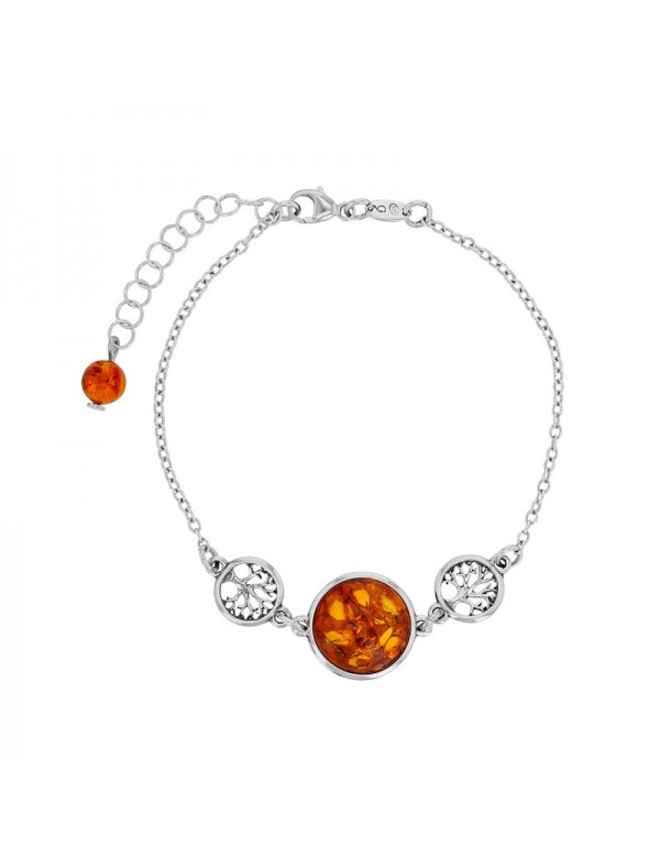 Trees of life bracelet with round stone in Amber and rhodium silver
