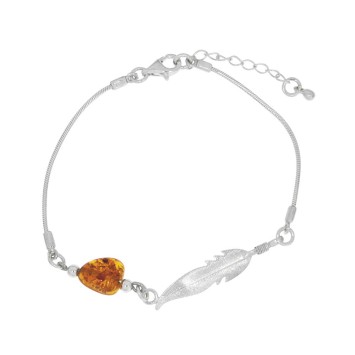 Amber bracelet with rhodium silver feather, snake link 31812562RH Nature d'Ambre 59,90 €
