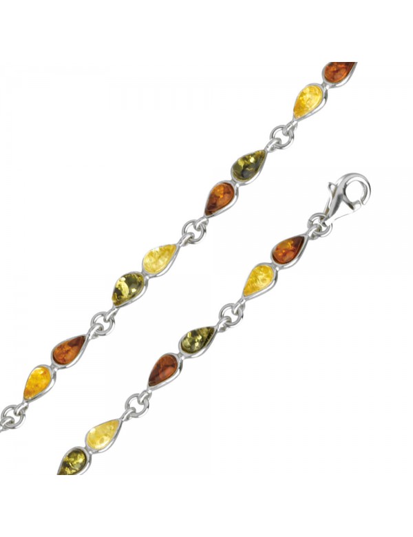 Amber and silver bracelet with stones in the shape of citrine, cognac, green and honey drops