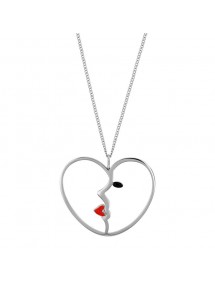 Heart necklace in openwork steel with woman's face in enamel