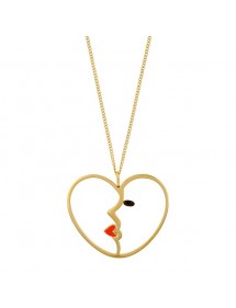 Heart necklace in openwork golden steel with woman's face in enamel