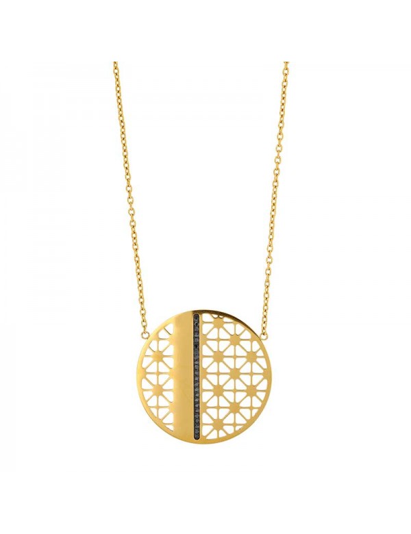 Gold steel necklace with round openwork pendant adorned with black crystals