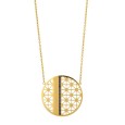 Gold steel necklace with round openwork pendant adorned with black crystals