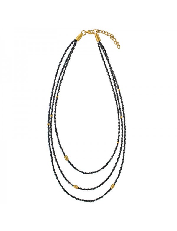 Halskette 3 Reihen Perlen in schwarzen Kristallen und goldenem Stahl