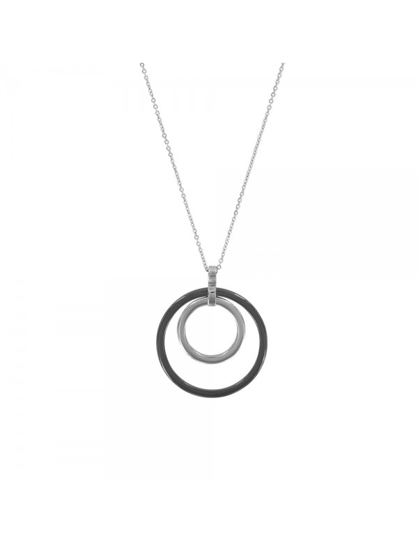 Collier acier orné d'un grand cercle céramique noire et d'un petit en acier