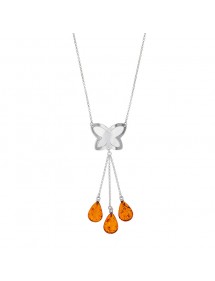 Double rhodium-plated silver butterfly necklace with dangling cognac amber stones 3170055 Nature d'Ambre 124,00 €