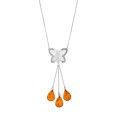 Double rhodium-plated silver butterfly necklace with dangling cognac amber stones