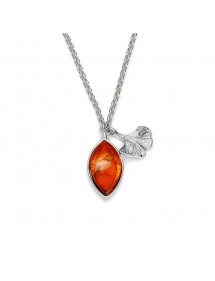 Amber necklace in almond shape and pendant in rhodium silver Ginkgo leaf 31710728 Nature d'Ambre 96,90 €