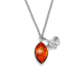 Amber necklace in almond shape and pendant in rhodium silver Ginkgo leaf 31710728 Nature d'Ambre 96,90 €