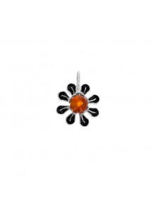 Cognac amber flower-shaped pendant and black enamel in rhodium silver